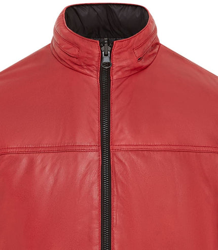 Mens Reversible Hooded Leather Jacket Premium Lambskin Napa - Red/Black