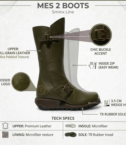 Fly London Womens Military Green Leather Mid-Calf Long Boots - MES2913