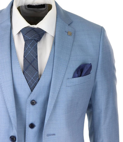 Mens 3 Piece Light Blue Classic Stitch Retro Suit
