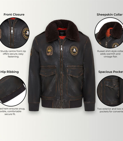 Men's Leather Bomber Sheepskin Collar G-1 Aviator Jacket - Linear - Black