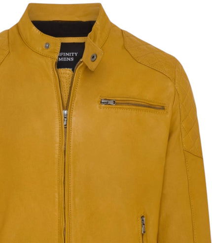 Mens Yellow Leather Quilted Shoulder Biker Jacket - Rock