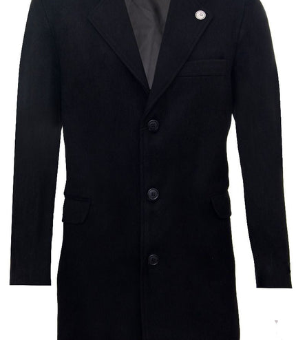 Men's Long Black Wool Slim Fit Overcoat