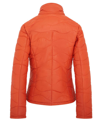Womens Puffer Warm Quilted Leather Bomber Jacket - Orange