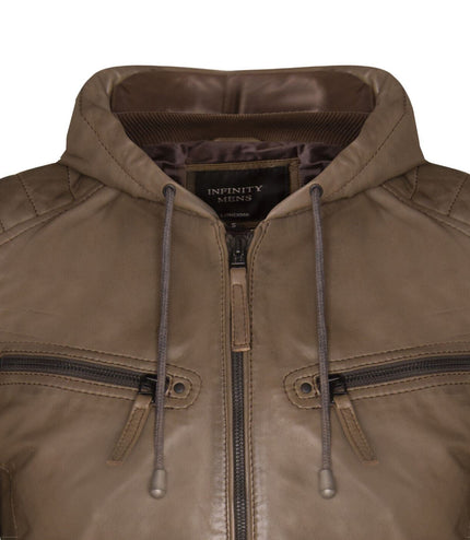 Mens Leather Hooded Retro Bomber Jacket - Skopje - Brown