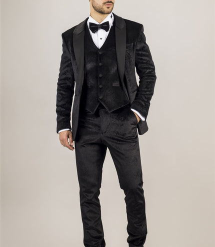 Men's Black 3 Piece Velvet Wedding Tuxedo Formal Suit