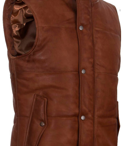 Mens Classic Leather Puffer Waistcoat-Nottingham - Tan
