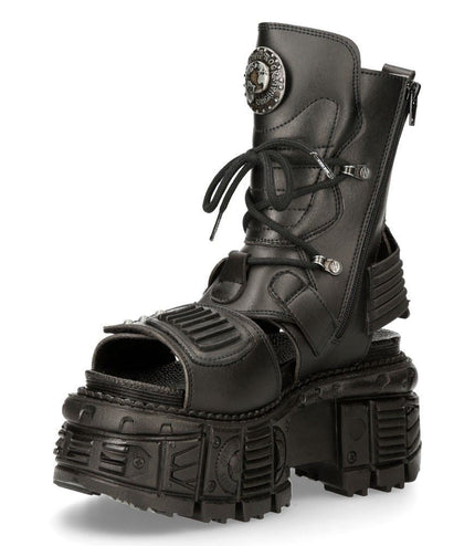 New Rock Unisex Black Vegan Leather Sandal Boots- Bios107-V1