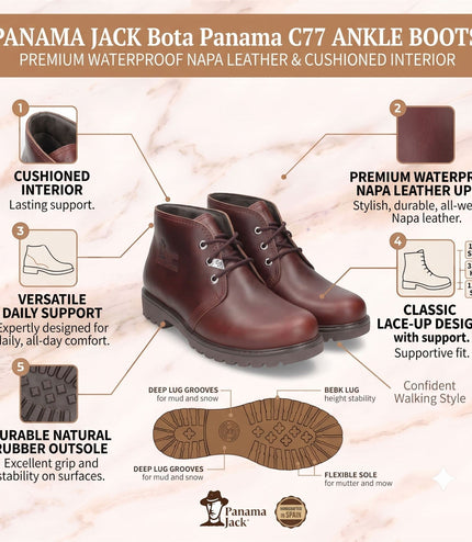 Panama Jack Men's Burgundy Leather Waterproof Lace-Up Ankle Boots - Bota C77