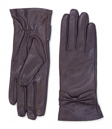 Womens Purple Italian Leather Winter Bow Design Soft Wool Lining Gloves - L-GLV-401