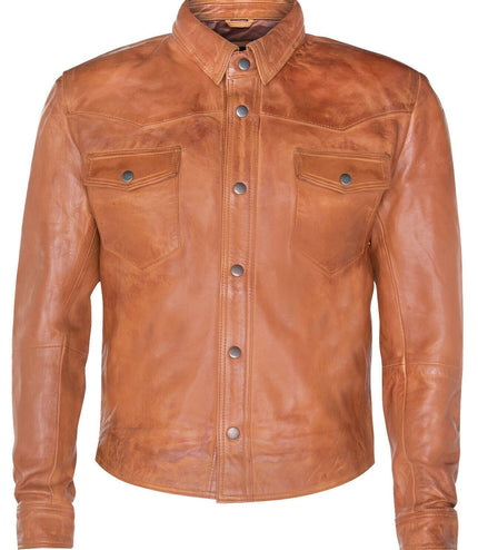 Mens Retro Leather Shirt Jeans Jacket-Beijing - Tan