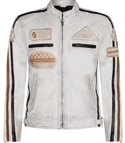 Mens Racing Leather Biker Jacket-Portland - White
