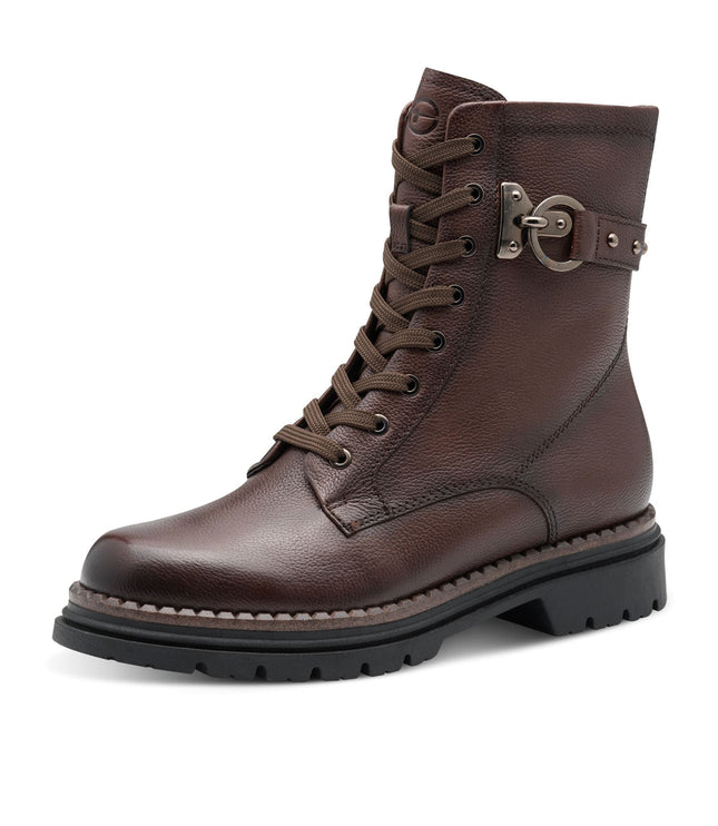 Tamaris Womens Fashion Brown Leather Lace-Up Zip Combat Ankle Boots