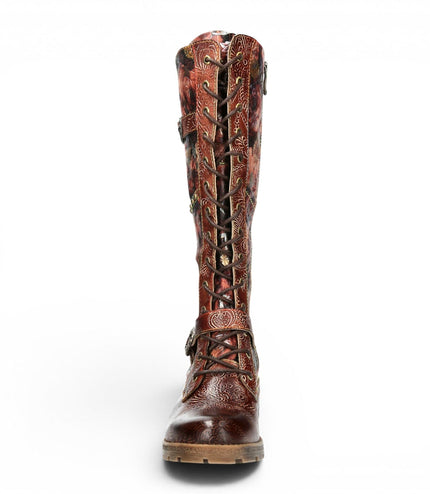 Laura Vita Women's Victorian Floral Maroon Leather High Lace-Up Long Boots - Cocrailo-82