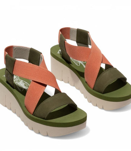 Fly London Women's Yabi922Fly Green / Tea Rose Cupido Leather Wedge Sandals