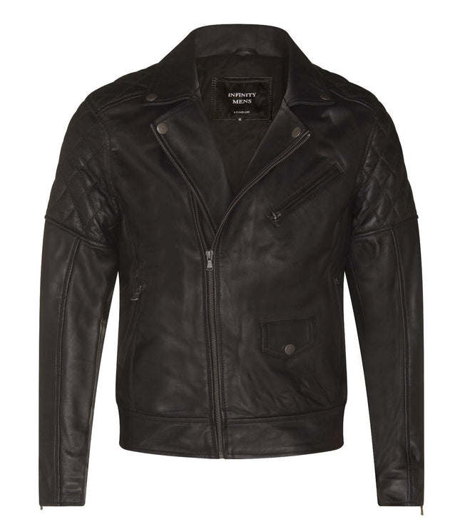 Mens Cross Zip Leather Biker Jacket - Gibraltar - Black