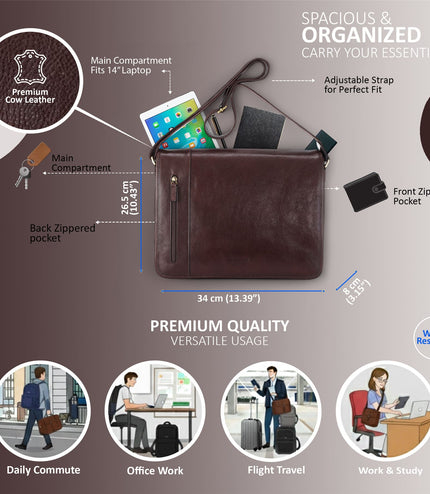 Genuine Leather Brown Laptop Satchel Messenger Shoulder Bag - Astor