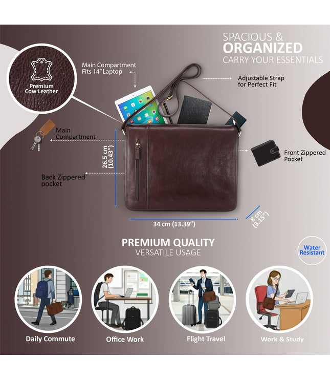 Genuine Leather Brown Laptop Satchel Messenger Shoulder Bag - Astor