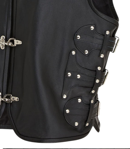 Men's Black Biker Leather Waistcoat Metal Buckles Vest - Coolgardie