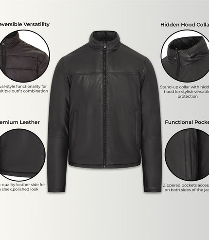 Mens Reversible Hooded Leather Jacket Premium Lambskin Napa - Black