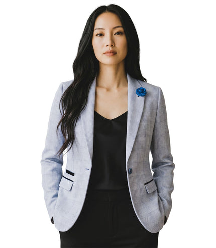 Women's Blue Check Wool Blend Herringbone Tweed Tailored Blazer - Caridi