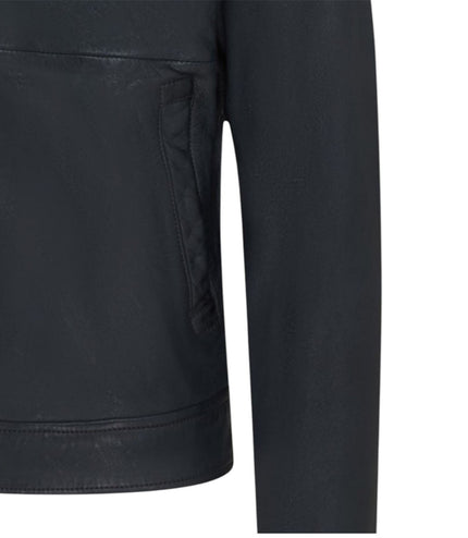 Mens Leather Blue Harrington Collar Biker Jacket - Alpha