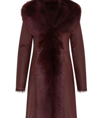 Womens Burgundy Red Toscana Sheepskin Leather Hooded Trench Coat - Coast