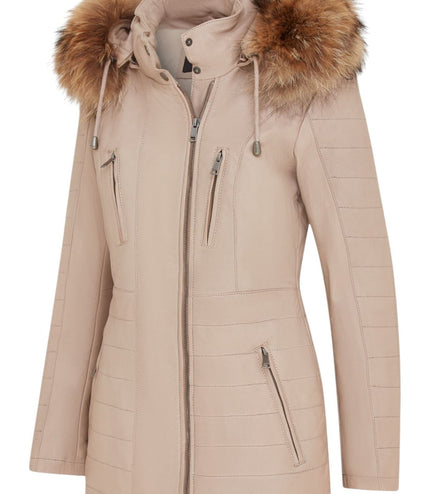 Womens Slim Fit Leather Hooded Parka Jacket-Northam - Beige