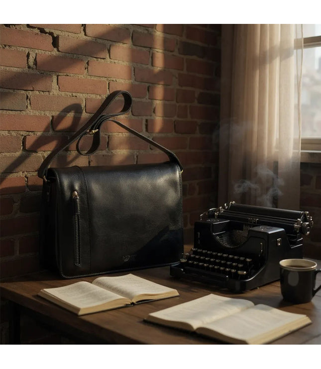 Genuine Leather Black Laptop Satchel Messenger Shoulder Bag - Astor