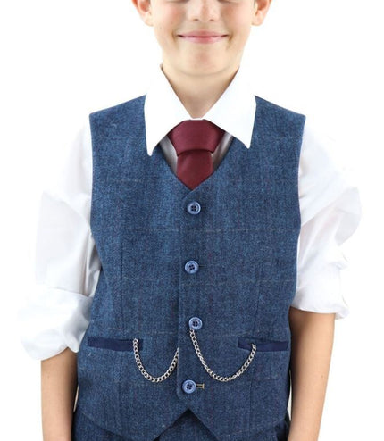 Boys 3 Piece Blue  Herringbone Tweed Check Classic  Suit
