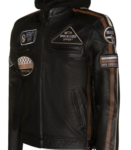 Mens Racing Hooded Leather Biker Jacket-Detroit - Black