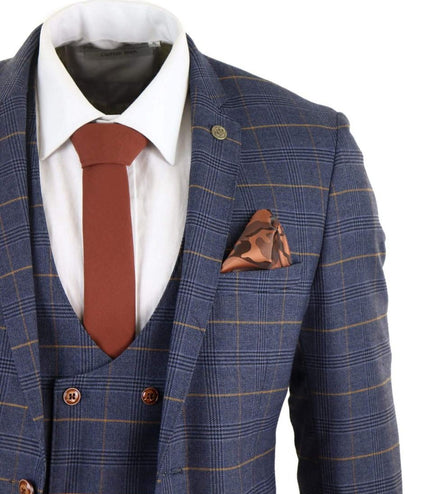 Mens 3 Piece Navy Blue Retro Check Vintage Classic Suit