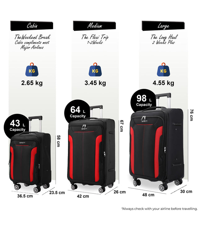 Black Expandable Soft Shell Suitcase 8 Wheel Luggage Set Travel Light Carry On Cabin Bag