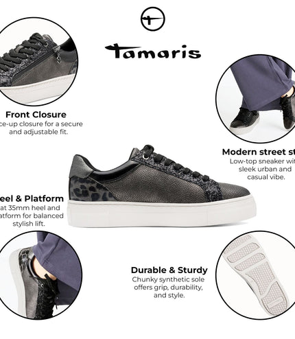 Tamaris Womens Petwer Silver Faux Leather Fashion Lace Up Sneakers