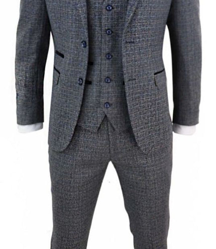Mens 3 Piece Navy Blue Tweed Check Vintage Retro Suit