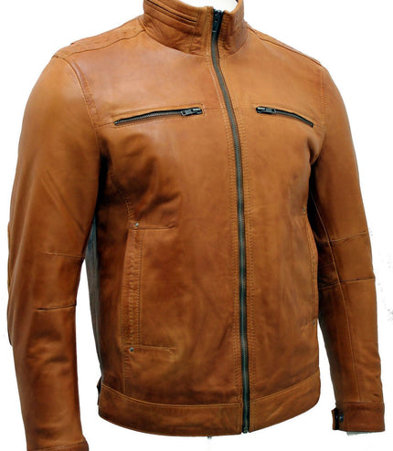 Mens Classic Leather Biker Jacket-Caracas - Tan