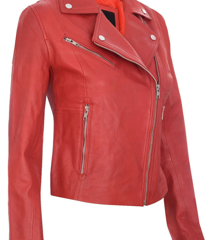 Womens Leather Biker Jacket-Zanzibar - Red