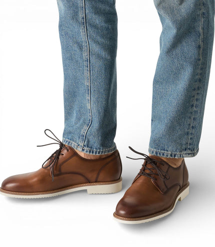 Tamaris Men's Cognac Brown Leather Plain Toe Smart Derby Shoes