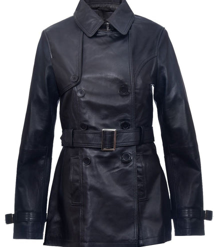 Womens Nappa Leather Trench Coat-Mosul - Black