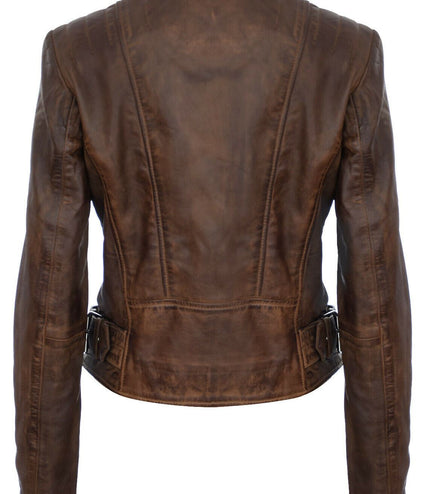 Womens Leather Biker Jacket-Celaya - Brown