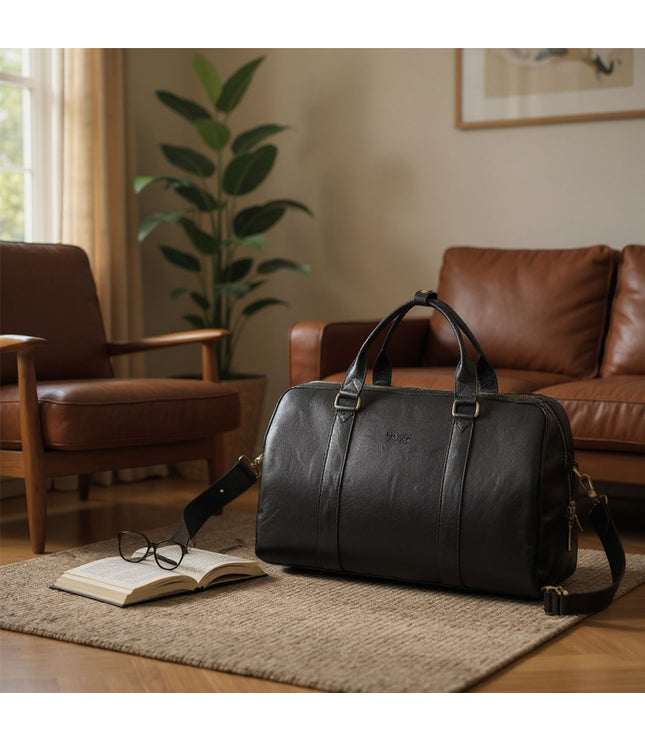 Vintage Genuine Leather Black Holdall Duffle Gym Travel Bag - Atlas