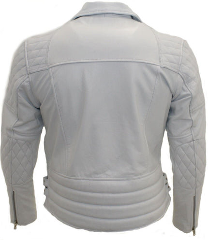 Mens Cowhide Leather Biker Jacket-Nassau - White