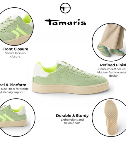 Tamaris Women's Green Leather Neon Stripes Trainers Sneaker Shoes