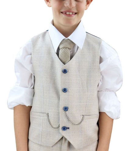 Boys 3 Piece Cream Herringbone Tweed Check Classic  Suit