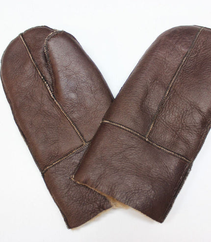 Unisex Brown Cream Real Sheepskin Leather Shearling Gloves Warm Mittens