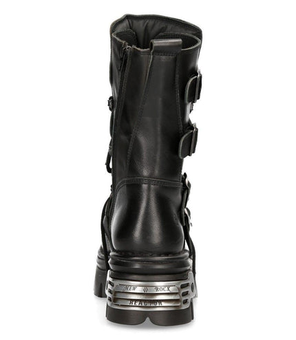 New Rock Unisex Black Leather Gothic Mid-Calf Boots - 373-S4