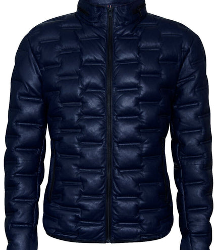 Men's Puffer Quilted Bomber Leather Jacket - Recife - Navy