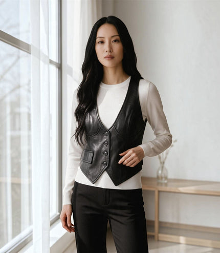 Womens Black Leather Waistcoat Biker Vest - MAM-WC