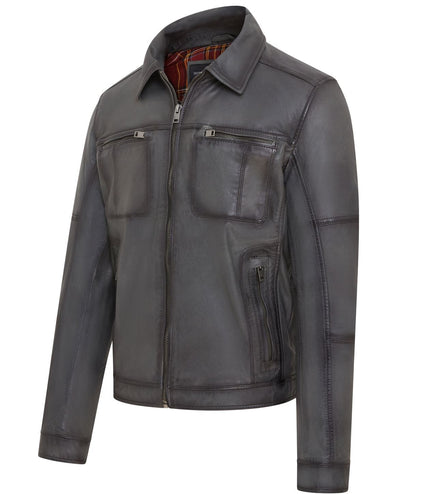 Men's Vintage Classic Short Soft Leather Biker Jacket - Grey