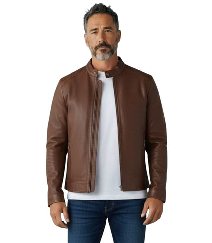 Mens Leather Brown Stand Collar Cafe Racer Biker Jacket - E184