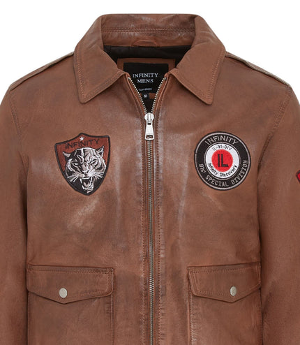 Men's Tan Brown Leather Bomber G-1 Aviator Collar Jacket  - Maverick